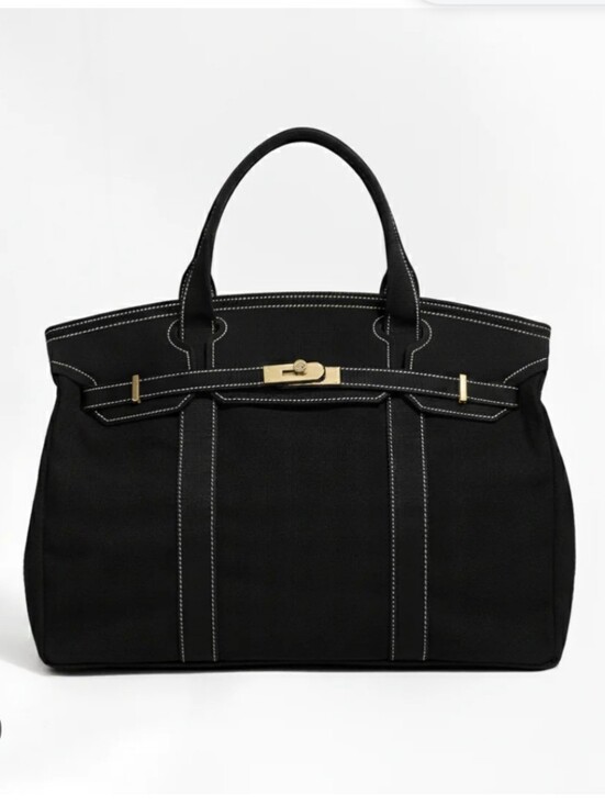 Handbags - Black Canvas Boatkin Tote With White Stitching And Gold Hardware